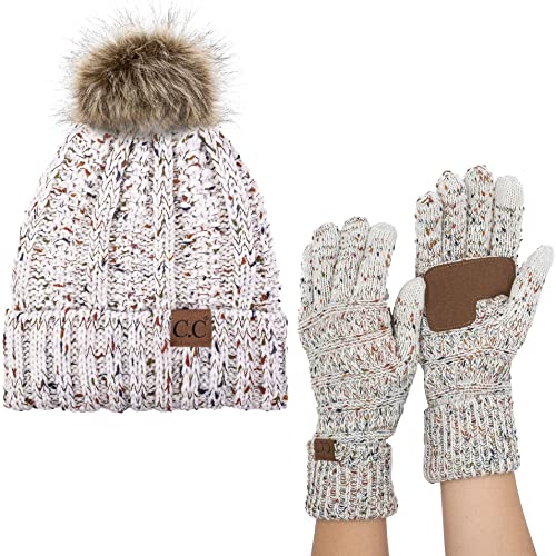 C.C Pom Cable Knit Beanie and Glove Set - color: Confetti Ivory