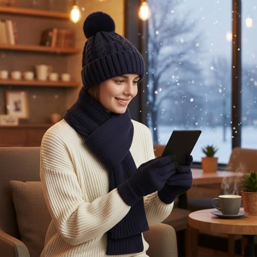 HUAMULAN Women Winter Knit Beanie Hat Circle Scarf Set Pompoms Ear Flaps - color: Navy With Scarf and Gloves