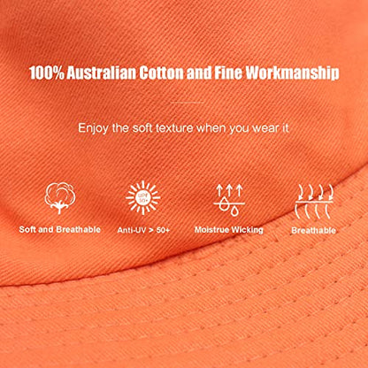 Bucket Hat for Women Men, Reversible Cotton Summer Sun Beach Cap Solid Color Style - color: A-orange