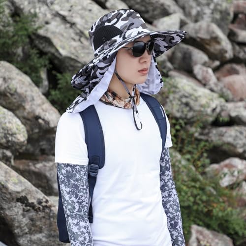 Men Women Safari Bucket Fishing Sun Hats Face Cover Neck Flap - color: Camou Gray