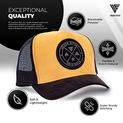 Urban Effort Trucker Hat for Men & Women, Mesh Back Baseball Cap, 5 Panel - color: Black + Gold, style: Mesh Back
