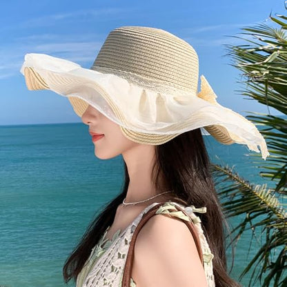 Women Summer Straw Hat Sun UV Protection Wide Brim Breathable Beach Visor Hats - color: Pale Yellow