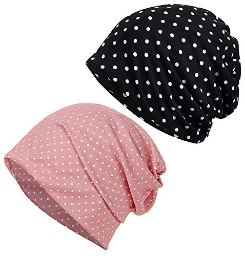 JarseHera Womens Slouchy Beanie Soft Chemo Headwear Breathable Cancer Caps - color: 2 Pair,dot-black+pink