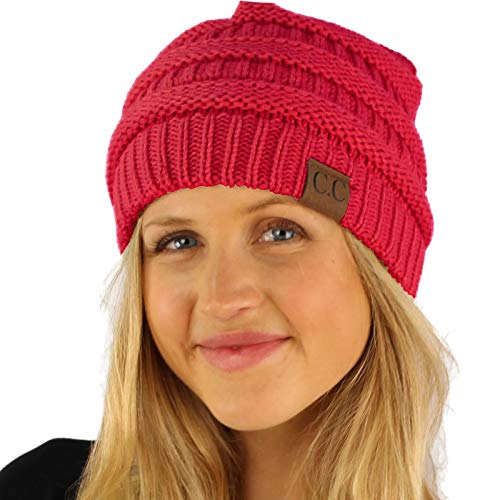 CC Classic Winter Fall Trendy Chunky Stretchy Cable Knit Beanie Hat - color: Solid Hot Pink