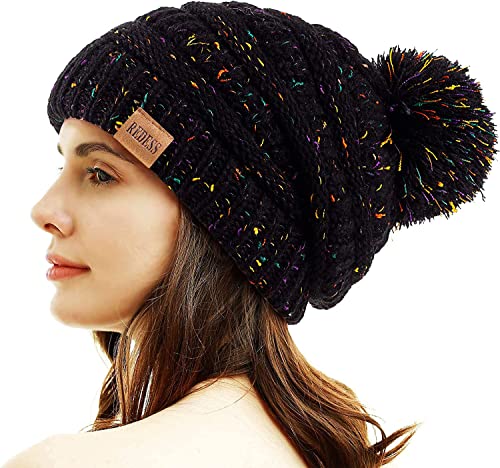REDESS Women Winter Pom Pom Beanie Hat with Warm Fleece Lined - color: Confetti Black