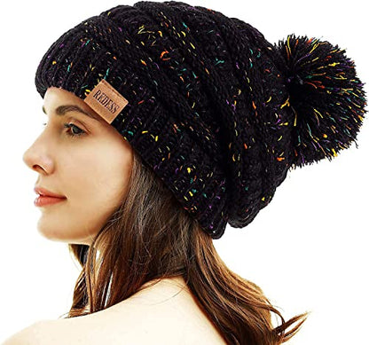 REDESS Women Winter Pom Pom Beanie Hat with Warm Fleece Lined - color: Confetti Black