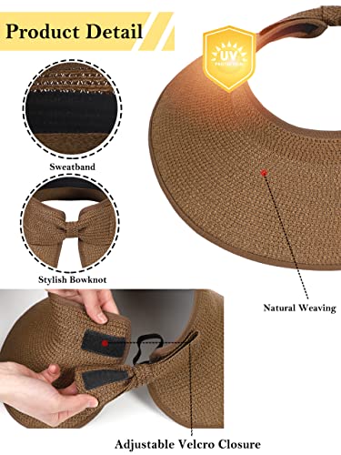 sy soul young Women's Straw Hat with Ponytail Hole Wide Brim Visor Sunhat - color: Coffee