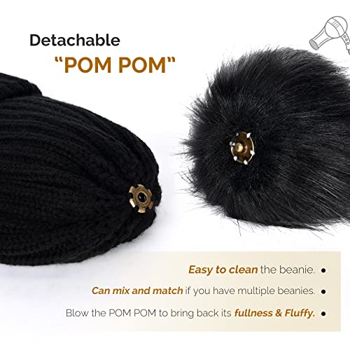 FURTALK Womens Winter Knitted Beanie Hat with Faux Fur Pom Warm Knit Skull Cap Beanie for Women - color: Black With Black Pom