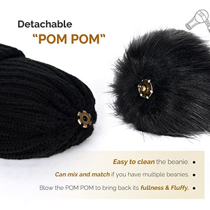 FURTALK Womens Winter Knitted Beanie Hat with Faux Fur Pom Warm Knit Skull Cap Beanie for Women - color: Black With Black Pom