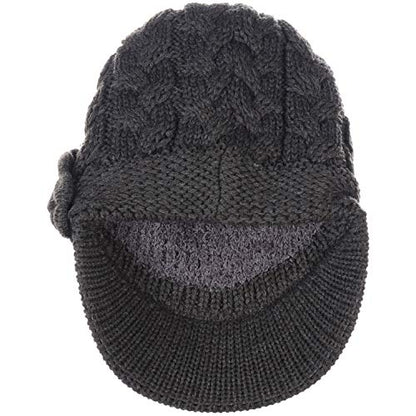 BYOS Womens Winter Chic Cable Warm Fleece Lined Crochet Knit Hat W/Visor Newsboy Cabbie Cap - color: Cable W/ Flower Dk.gray
