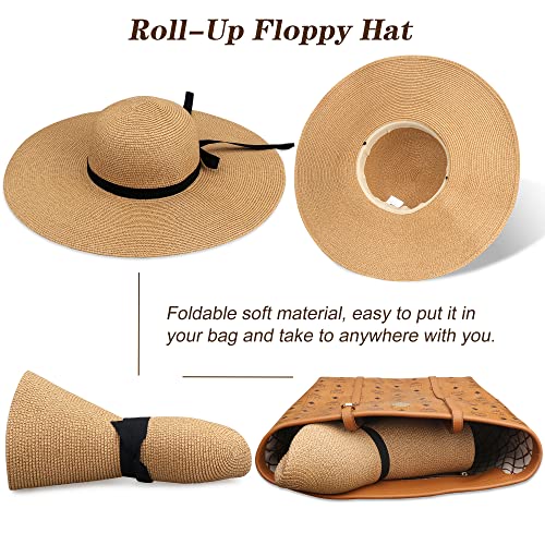 Women Wide Brim Sun Hat UPF50 Straw Summer Hat Floppy Beach Hat Roll-Up - color: Tie Brown
