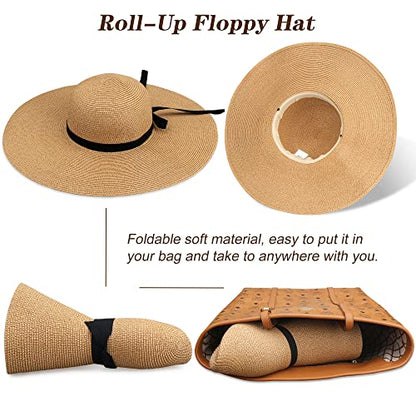 Women Wide Brim Sun Hat UPF50 Straw Summer Hat Floppy Beach Hat Roll-Up - color: Tie Brown