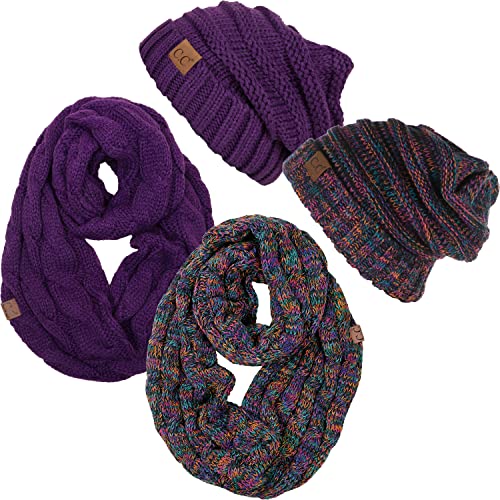 Funky Junque Slouchy Beanie & Infinity Scarf Gift Set – Matching Winter Accessories Sets for Women, Oversized Hat and Scarves - color: 2 Pack: Purple & Kaleidoscope #32