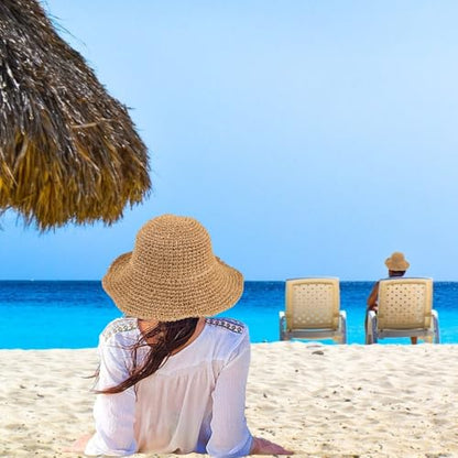 Womens Floppy Straw Sun Hat Packable Wide Brim Summer Beach Hat Foldable Crochet Bucket Hats - color: Khaki 1