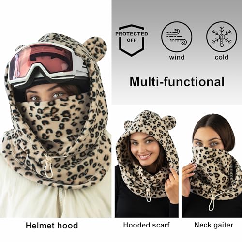 Fleece Balaclava Over Helmet - Warm Helmet Ninja Hood - Snowboard Hooded Hat Neck Gaiter Ski Mask - color: Leopard-earsup, size: One Size