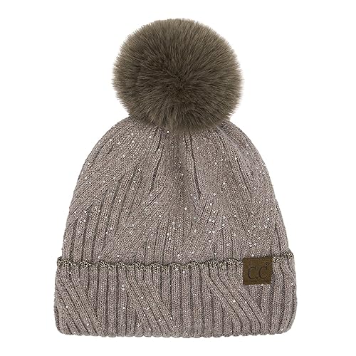 C.C Sequin Pom Beanie for Women - Acrylic Stretchable Soft Warm Knit Winter Skully Hat with Yarn Pom - color: Angora-taupe