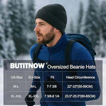Plus Size Fleece Lined Beanie Hat - M/L/XXL Merino Wool Beanie Hat for Men - color: Slate Gray, size: X-Large-XX-Large