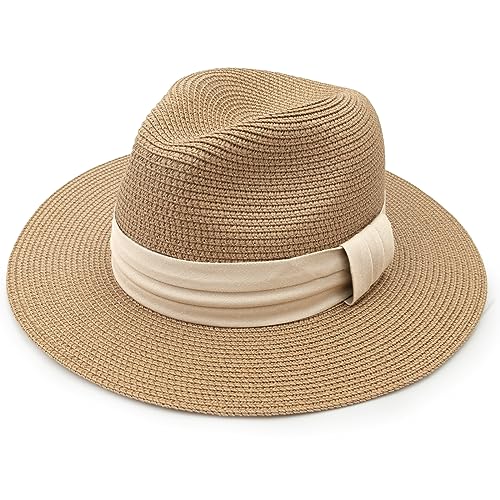 DRESHOW Women Straw Panama Hat Travel Fedora Beach Sun Hat Summer Wide Brim Straw Roll up Hats UPF 50+ - color: Khaki Hat With Cream Band