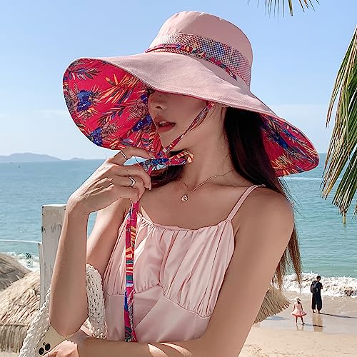 6" Extra Wide Brim Sun Hats UPF 50+ UV Protection Packable Beach Hat Strap Women - color: Pink
