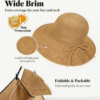 Straw Bucket Hats for Women Beach Sun Hat Foldable Packable Handmade Sun Protection Floppy Travel - color: Khaki-brim3.1"