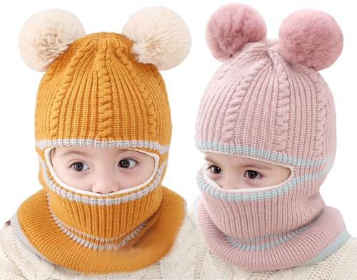 Toddler Winter Hat Baby Balaclava 2 in 1,Fleece Lined Knitted Beanie with Face Mask, Ear Flaps & Pom Pom for Boys Girls - color: Bear-pink+yellow