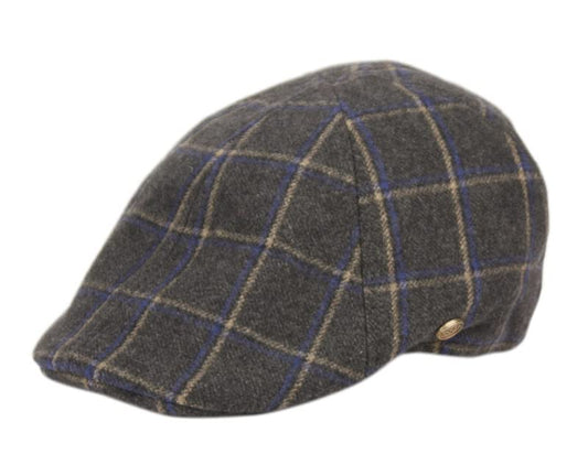 Funky Junque Men's Classic Wool Blend Newsboy Tweed Flat Cap - Stylish Vintage Hat - color: Charcoal Plaid W/ Blue & Beige Check, size: 6 3/4-7 1/8