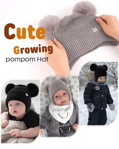 FURTALK Baby Winter Hat Pom Pom Beanie with Fleece Lined Toddler Warm Cap - color: Black+gray, size: 6-24 Months