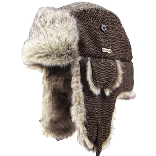Unisex Winter Trapper Hat Cold Proof Keep Warm Hat with Ear Flaps for Hunting Skiing Trooper Outdoor Activities - color: Herringbone Series-olive, size: Medium-Large
