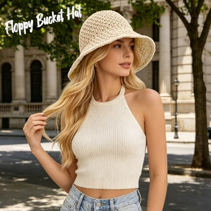 Sun Hat for Women Summer Straw Beach Hats Bucket Hat Floppy Crochet Hat - color: Beige