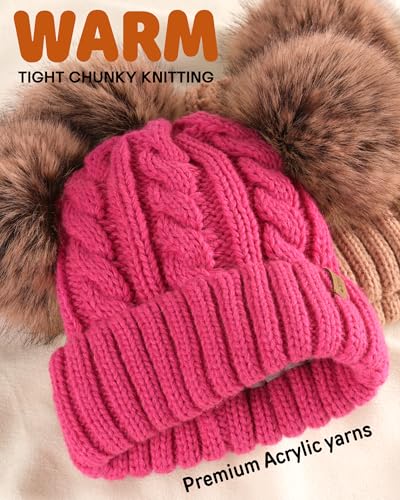 FURTALK Toddler Winter Hat Knit Beanie Double Faux Fur Pompoms Girls Boys - color: Rose Red, size: 6-24 Months