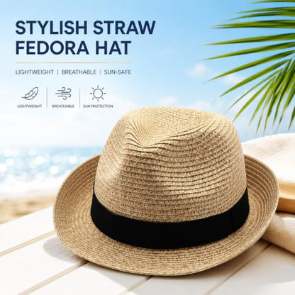 Straw Fedora Hat Panama Hats Mens Beach Hat Derby Hat Packable Trilby - color: Natural 01, size: Medium