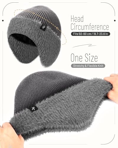 HAMUNI Winter Fleece-Lined Beanie with Earflaps, Warm Windproof Unisex Beanie Hat for Skiing, Hiking & Outdoor Winter Sports - color: Winter Gray
