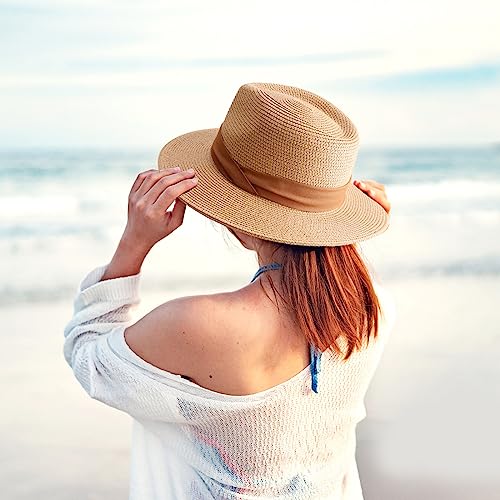 DRESHOW Women Straw Panama Hat Travel Fedora Beach Sun Hat Summer Wide Brim Straw Roll up Hat UPF 50+ - color: Z Panama Straw Hat: Brown B