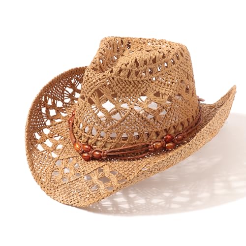 AQOKKA Straw Cowboy Hats for Women Men Western Cowgirl Hats with Shapeable Brim Woven Hollow Out Unisex Beach Roll Up Caps - color: Brown Beads Cowboy Hat : Khaki a