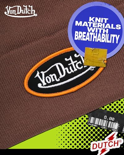 Von Dutch Unisex Cuffed Knit Skull Cap Beanie, Embroidered Logo - color: Sepia Stone