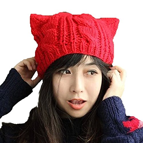Women Winter Wool Baggy Beret Beanie Cute Devil Cat Ear Crochet Braided Knit Hat Ski Cap - color: Red