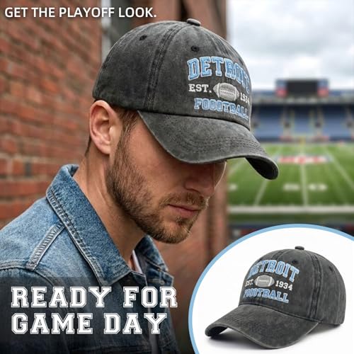 Football Hat for Men Women, Vintage Washed Embroidered City Dad Cap, Adjustable Baseball Cap for Game Day Fans - color: G-detroit