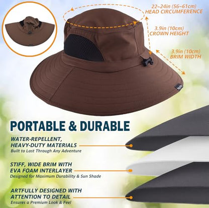 Wide Brim Sun Bucket Hat, Waterproof Boonie Hat for Men & Women - color: 01 Brown
