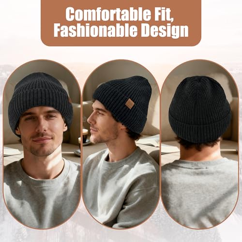 Unisex XXL Winter Hat, Fleece Lined Beanie Skull Cap Thermal Beanies Warm Ski Hat for Cold Weather - color: Dark Heather Gray