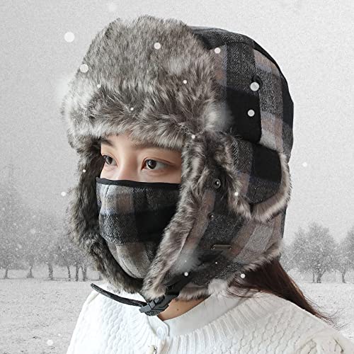 Unisex Winter Trapper Hat Cold Proof Keep Warm Hat with Ear Flaps for Hunting Skiing Trooper Winter Outdoor Activities - color: Grey Plaid With Mask, size: Medium-Large