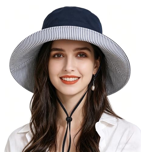 Womens Foldable Shapeable Brim Sun Hat UPF 50+ Cotton Wide Brim Beach Adjustable Chin Strap Hat Sun Protection Cap - color: Z-blue