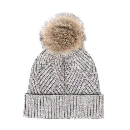 C.C Kids' Suede Patch Snuggly Soft Warm Knit Pom Cuff Beanie - color: Criss Cross Faux Fur, Light Melange Gray Mix