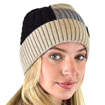 C.C Winter Warm Multi Knit Tricolor Skull Cap Cuff Beanie - color: Black/Beige
