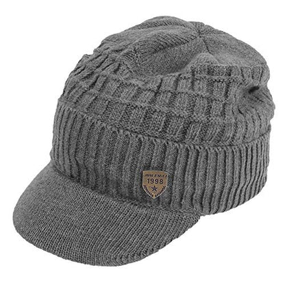 Original One Winter Wool Knitted Chunky Visor Beanie Hat with Brim Fur Lined Peaked Ski Cap - color: Gray