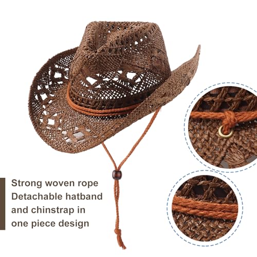 AQOKKA Straw Cowboy Hats for Women Men Western Cowgirl Hats with Shapeable Brim Woven Hollow Out Unisex Beach Roll Up Caps - color: Coffee a