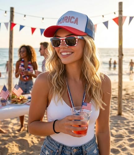 Funky Junque Premium Mesh Snapback Trucker Hat - Stylish Comfort for All - Patriotic, Humor & More - color: Hat (Merica) & Sunglasses (Usa)