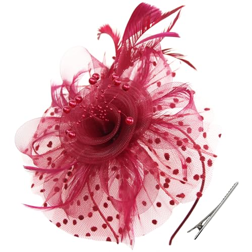 WLBON Fascinators Hat 20s 50s Headband Hair Clips Flower Mesh Veil Feather Headpiece Headwear Women Halloween Carnival Cocktail Wedding Church Cosplay Dress Up Birthday Tea Party Accessories Burgundy - color: Burgundy Tone