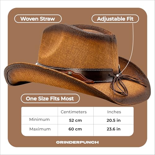 grinderPUNCH Straw Cowboy Hat for Men Women Western Cowgirl Outback Sun Hat - color: Burnished Pecan