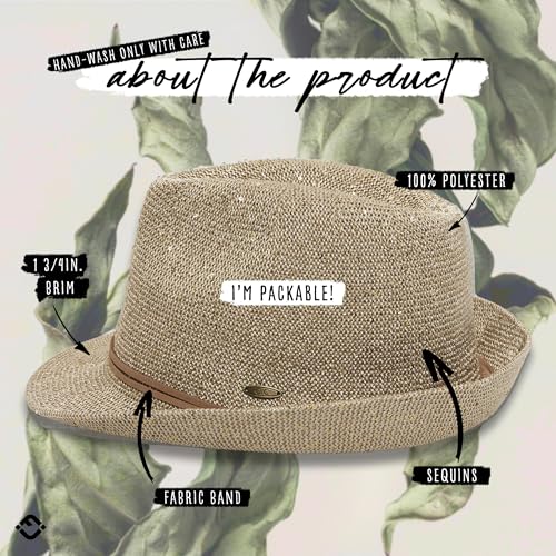 Funky Junque Short Brim Fedora Packable Sun Hat for Women - color: Sequin - Beige