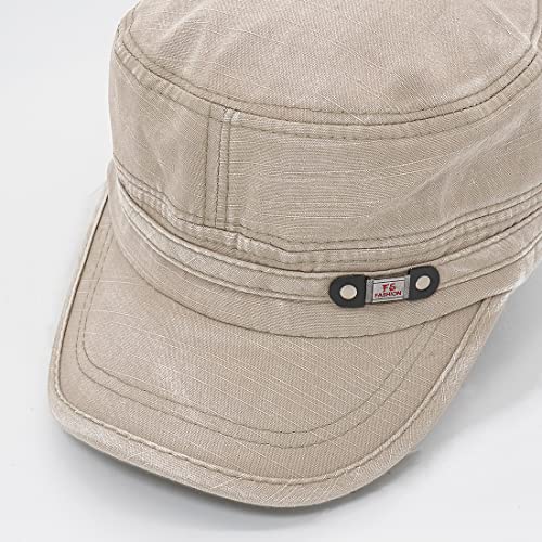 Unisex Cadet Army Cap Adjustable Flat Top Cap Washed Cotton Military Hat Baseball Cap - color: Beige